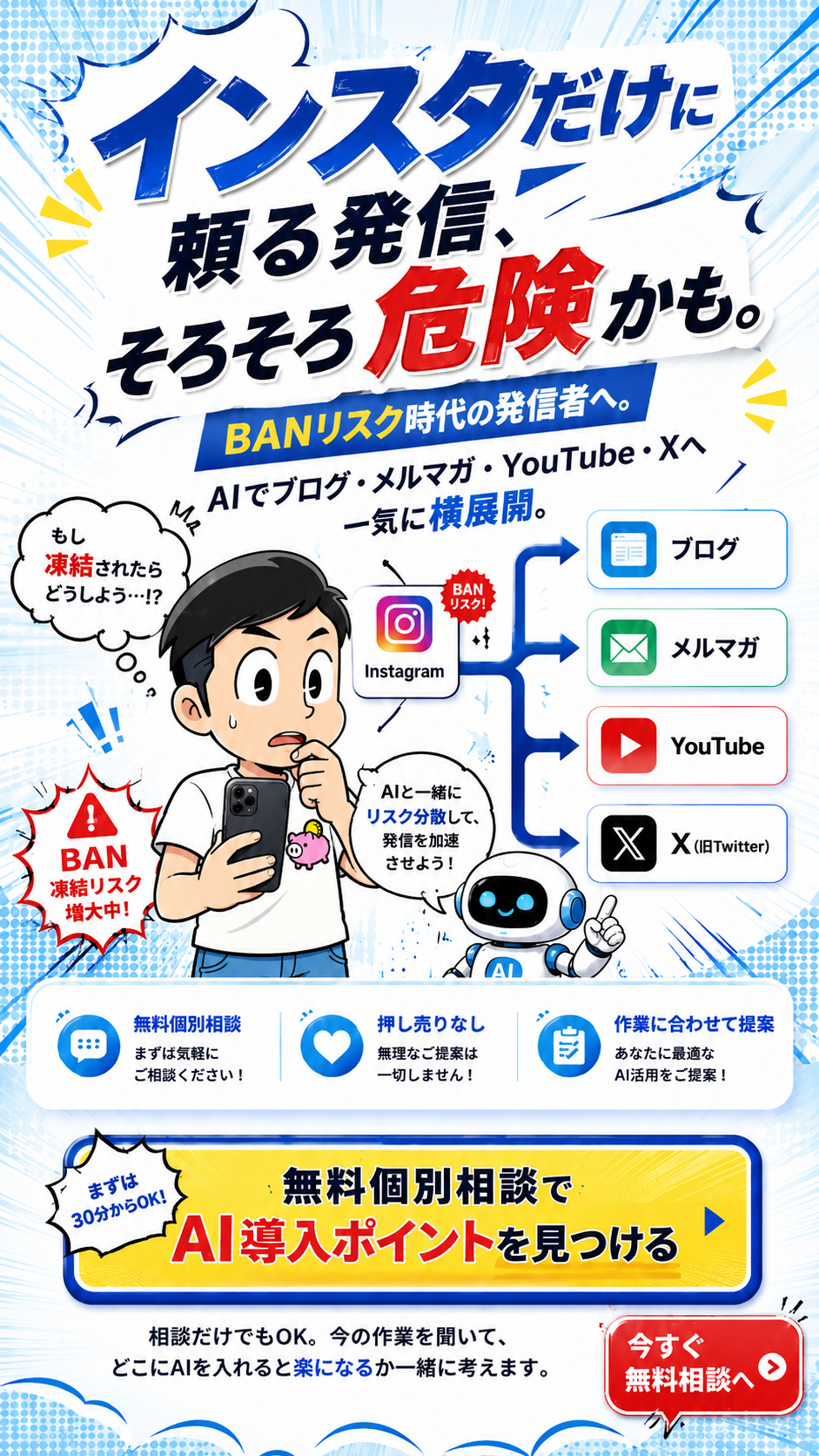 インスタだけに頼る発信、そろそろ危険かも。BANリスク時代の発信者へ。AIでブログ、メルマガ、YouTube、Xへ横展開。