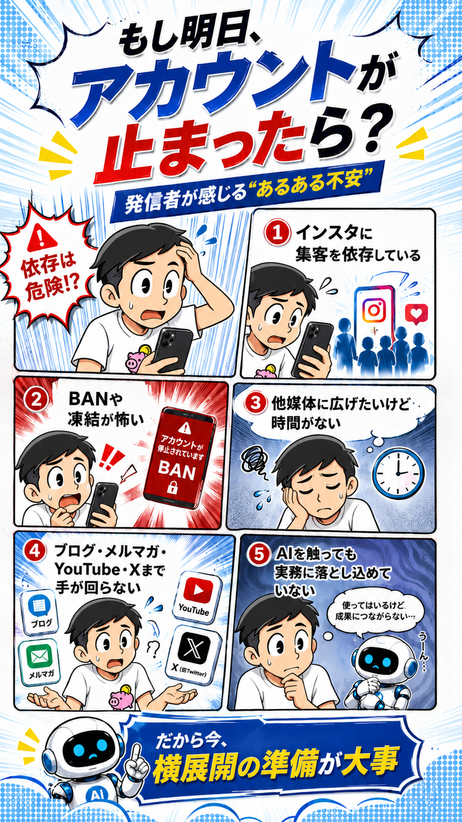 もし明日アカウントが止まったら。インスタ依存、BANや凍結、他媒体へ広げる時間不足、AIを実務に落とし込めない不安。
